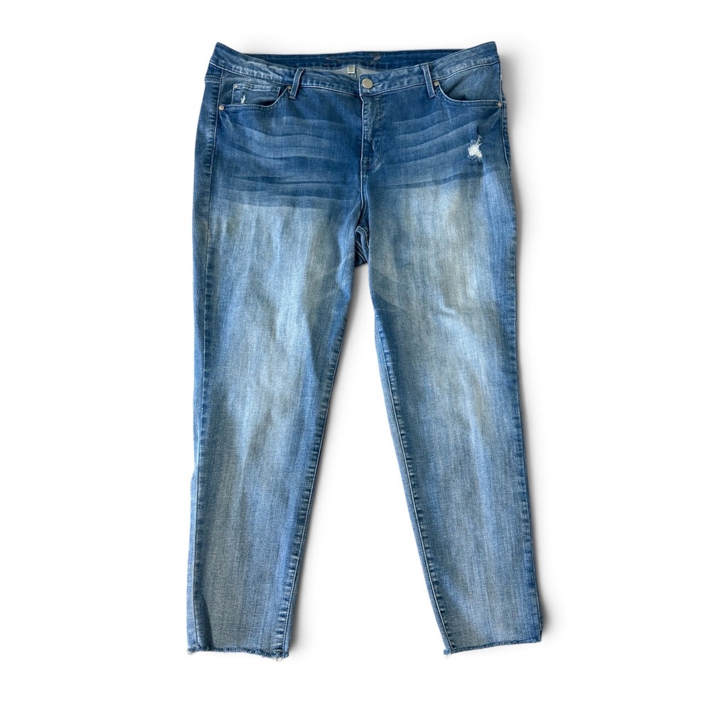Seven7 Womens Mid Rise Ankle Skinny Jeans Medium Wash Distressed Raw Hem Sz 20W